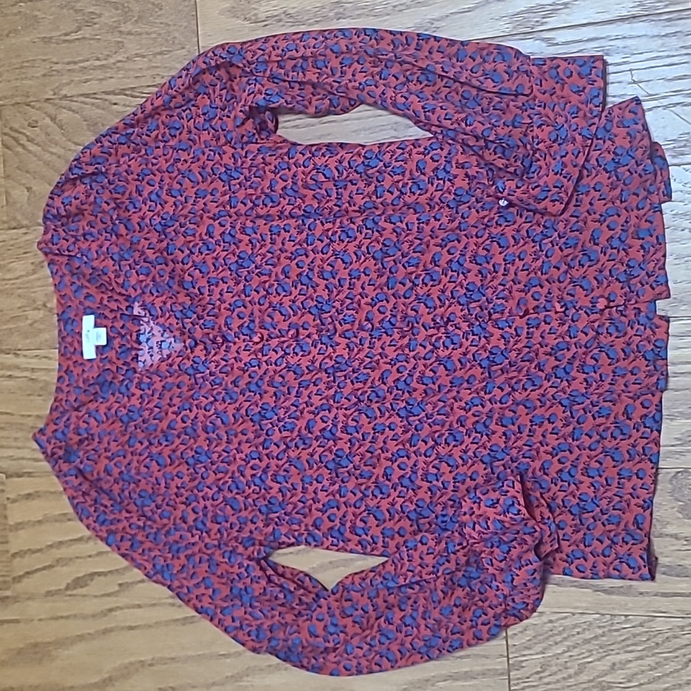 J. Jill Petite Red Blue Patterned Rayon Button Down Top Medium Petite
